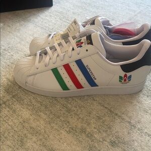 adidas White Leather Sneakers with Red, Green & Blue Accents Superstar